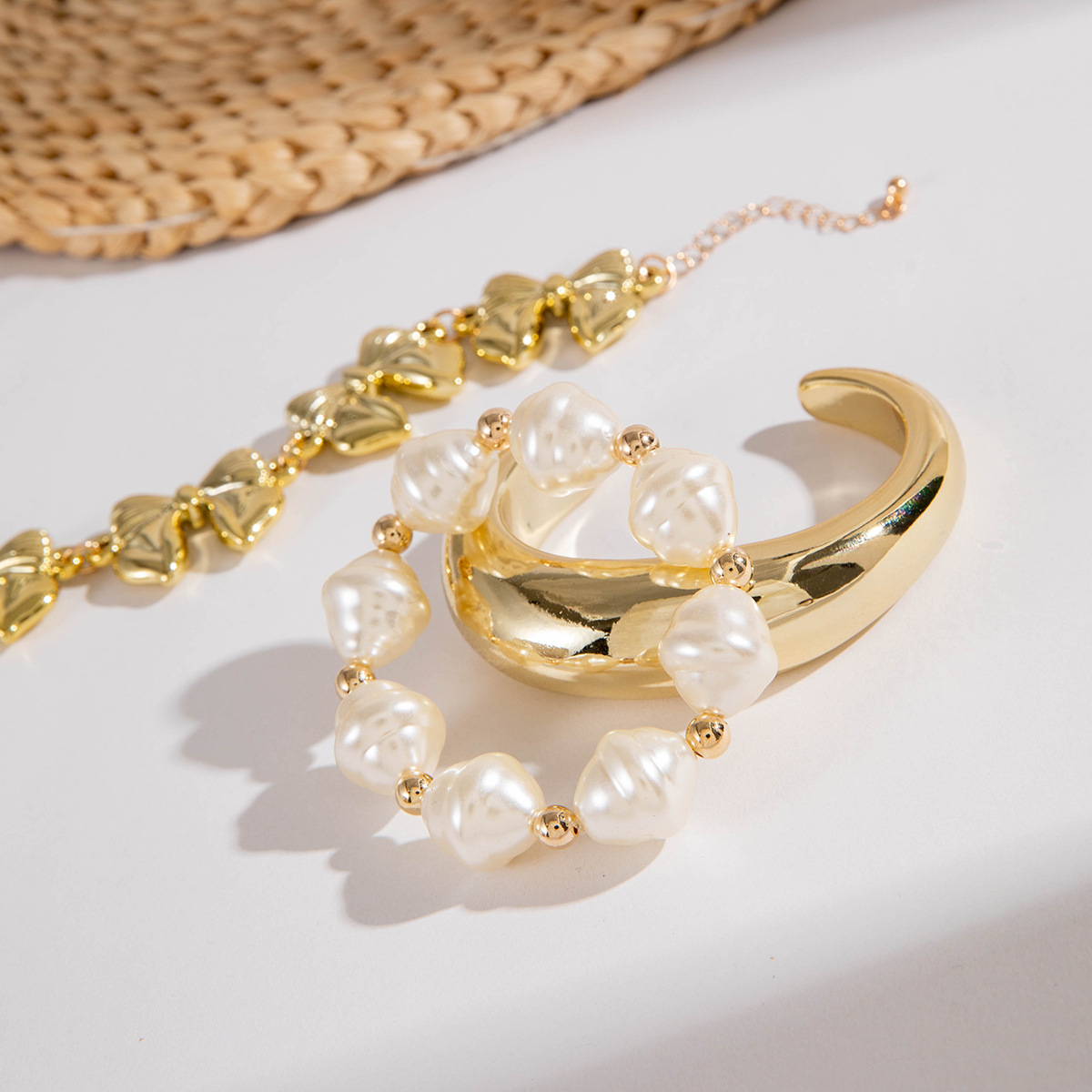 欧美跨境新款多层线条缠绕几何开口手镯套装朋克风波浪形串珠手链详情21