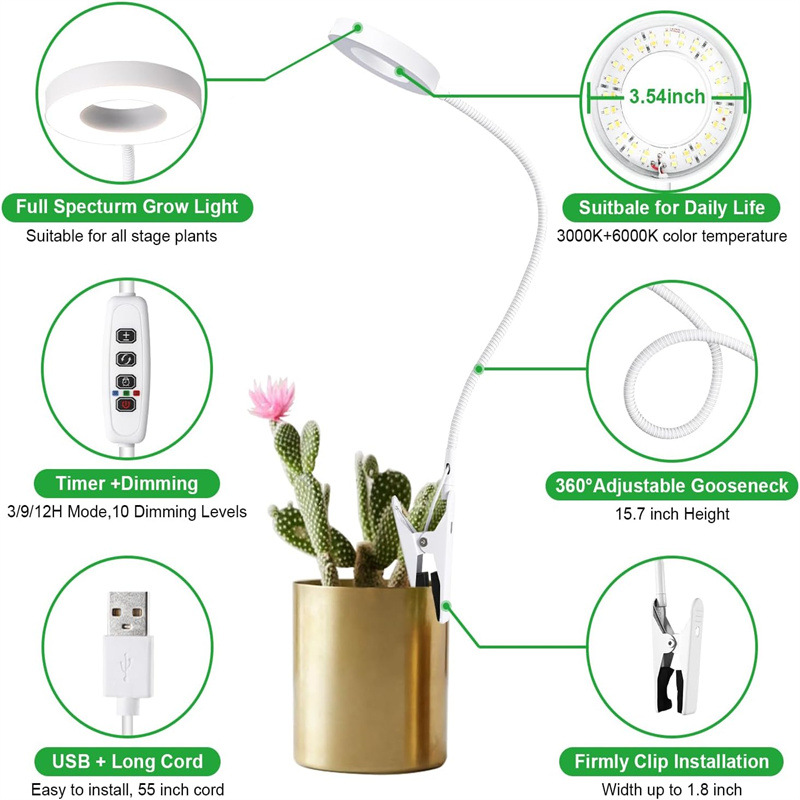 Flowerpot clamp-type plant supplementary lighting lamp, full-spectrum plant growth lamp, indoor small plant landscape lamp, angel ring lamp pic 4
