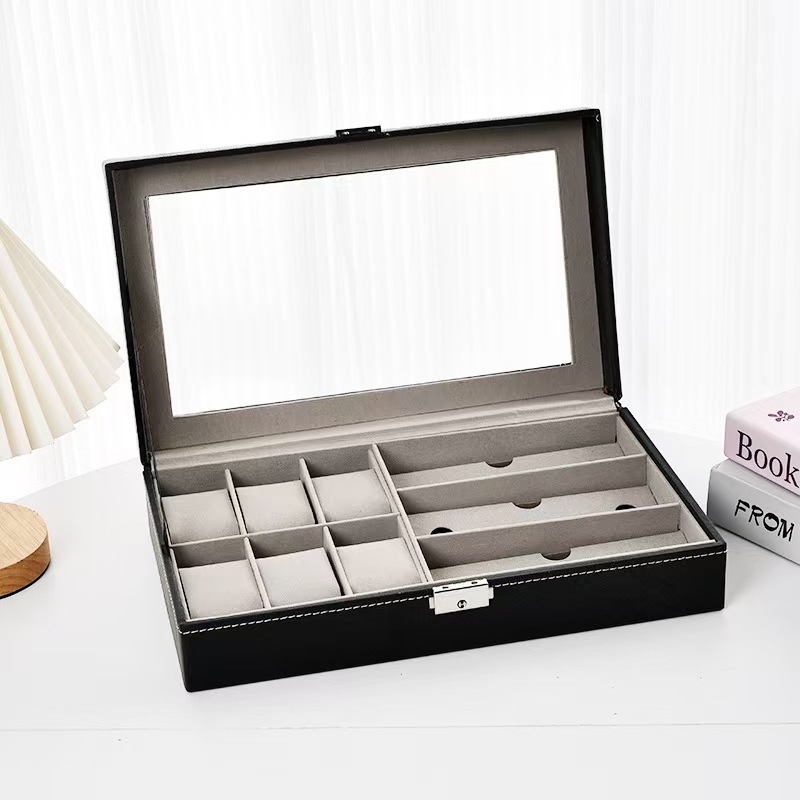 Watch and glasses integrated storage box, pu leather, simple, exquisite and elegant, multi-functional jewelry organization and display box pic 3