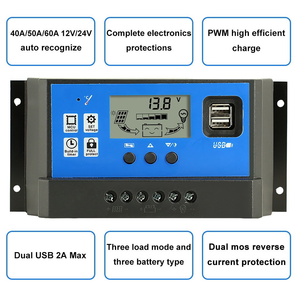 PWM solar controller 10A-60A intelligent lighting charging controller with dual USB12V/24V automatic recognition pic 11