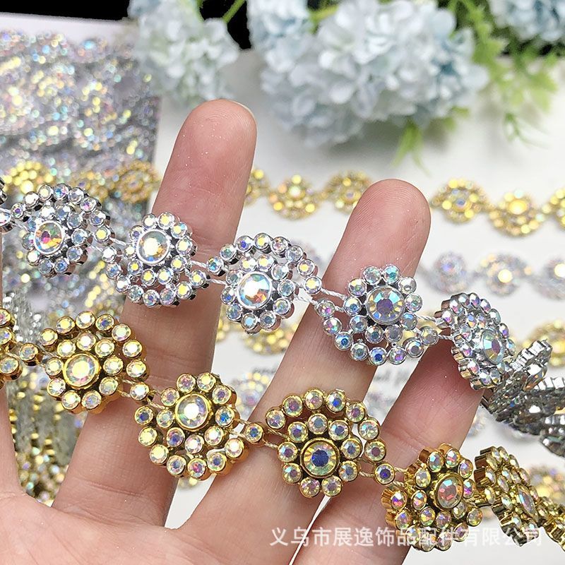 爆款水钻镶嵌扣头装饰珍珠链条民族服饰厂家直销批发金色银色链条详情2