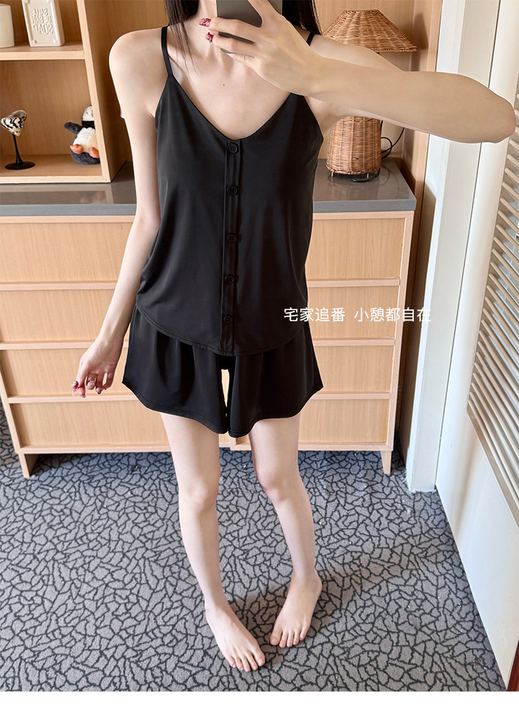 New adjustable set with ice silk in the original color, ice skin chest pad, home wear, buttons, summer halter top and shorts for sleep pic 30