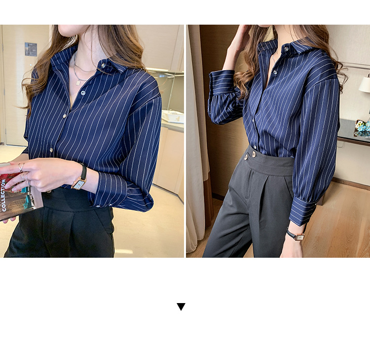 This vertical striped chiffon shirt for women with three-quarter sleeves is a new autumn collection. It features a unique and mature design with a sense of elegance and drape pic 12