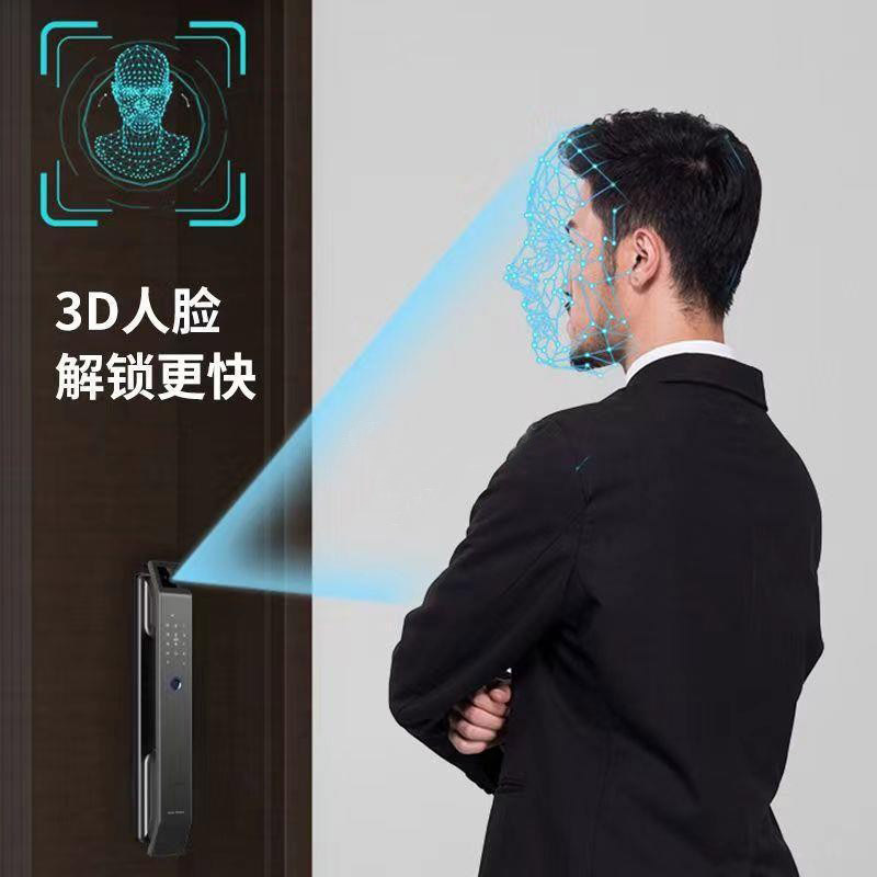 The black smart door lock features a 3D facial recognition screen, a digital keyboard, a handle and a lock tongue structure pic 7