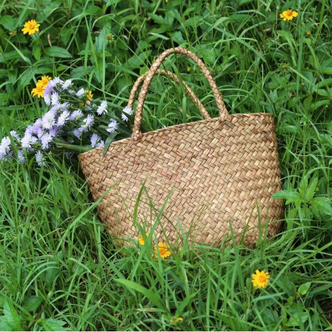 网红款编织手提包小众女包旅游度假小清新凹造型手工草编收纳详情2