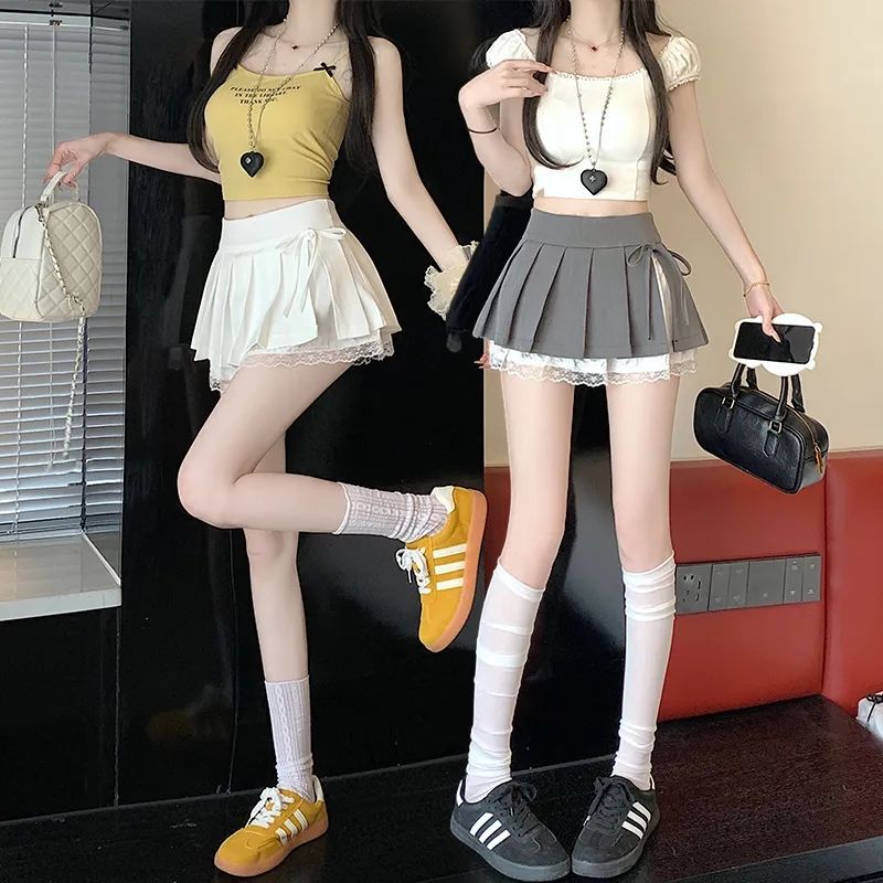 甜美纯欲风百褶半身裙女春夏新款蕾丝拼接蝴蝶结高腰防走光超短裙详情4
