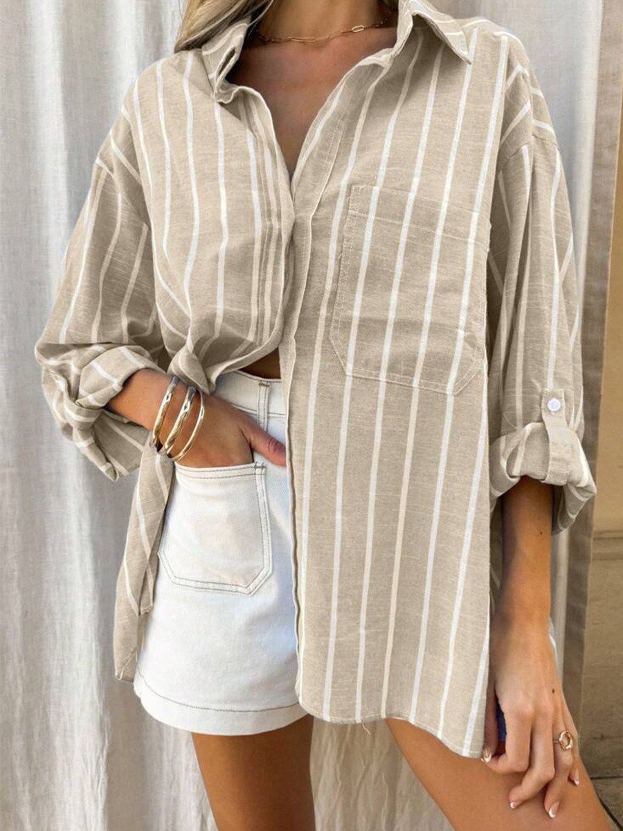 跨境亚马逊欧美条纹衬衫女2025新款气质百搭长袖衬衣开衫宽松女装详情6