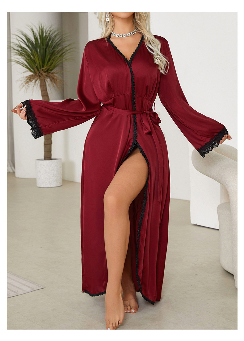 New cross-border light luxury long-sleeved V-neck satin lace patchwork long bathrobe, bathrobe and home wear for women, 657 pic 17