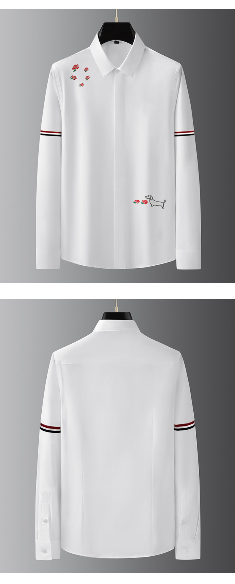 轻奢高级感新款免烫高端纯色男士长袖衬衫刺绣红玫瑰百搭纯白男衬 pic 8