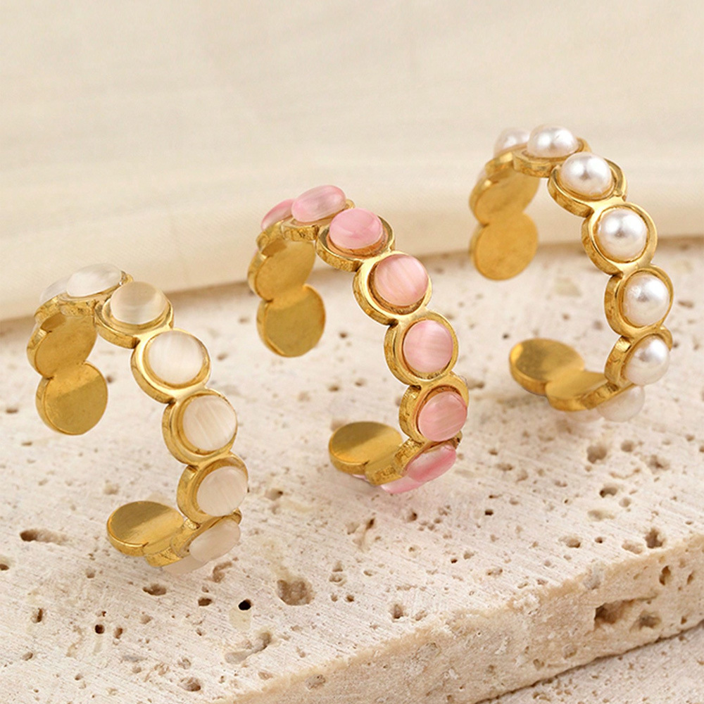 欧美跨境不锈钢戒指 珍珠开口戒指女轻奢高级感钛钢饰品批发厂家详情3