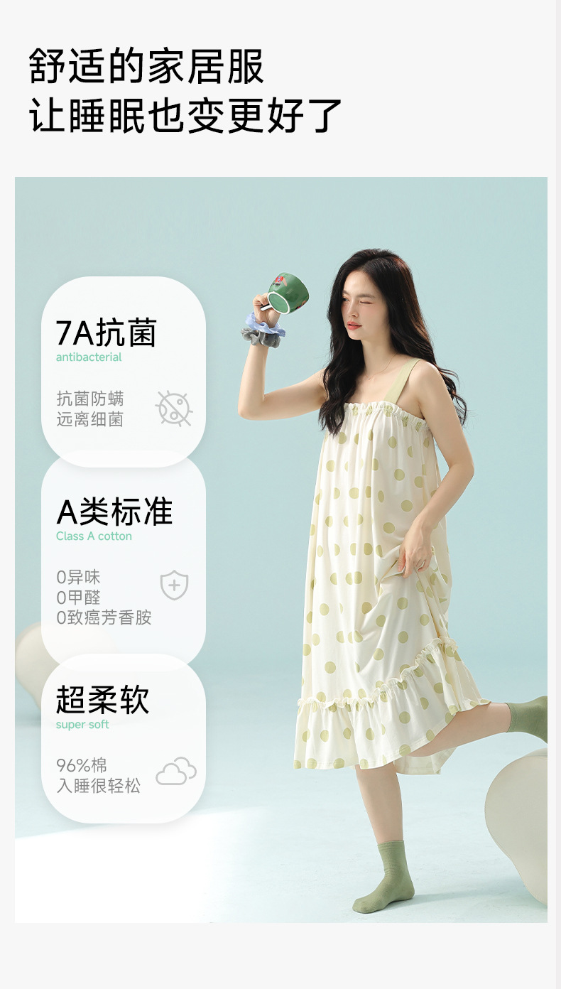 【抗菌新疆棉】a类春夏季无袖吊带女士纯棉波点睡裙宽松版家居服详情12