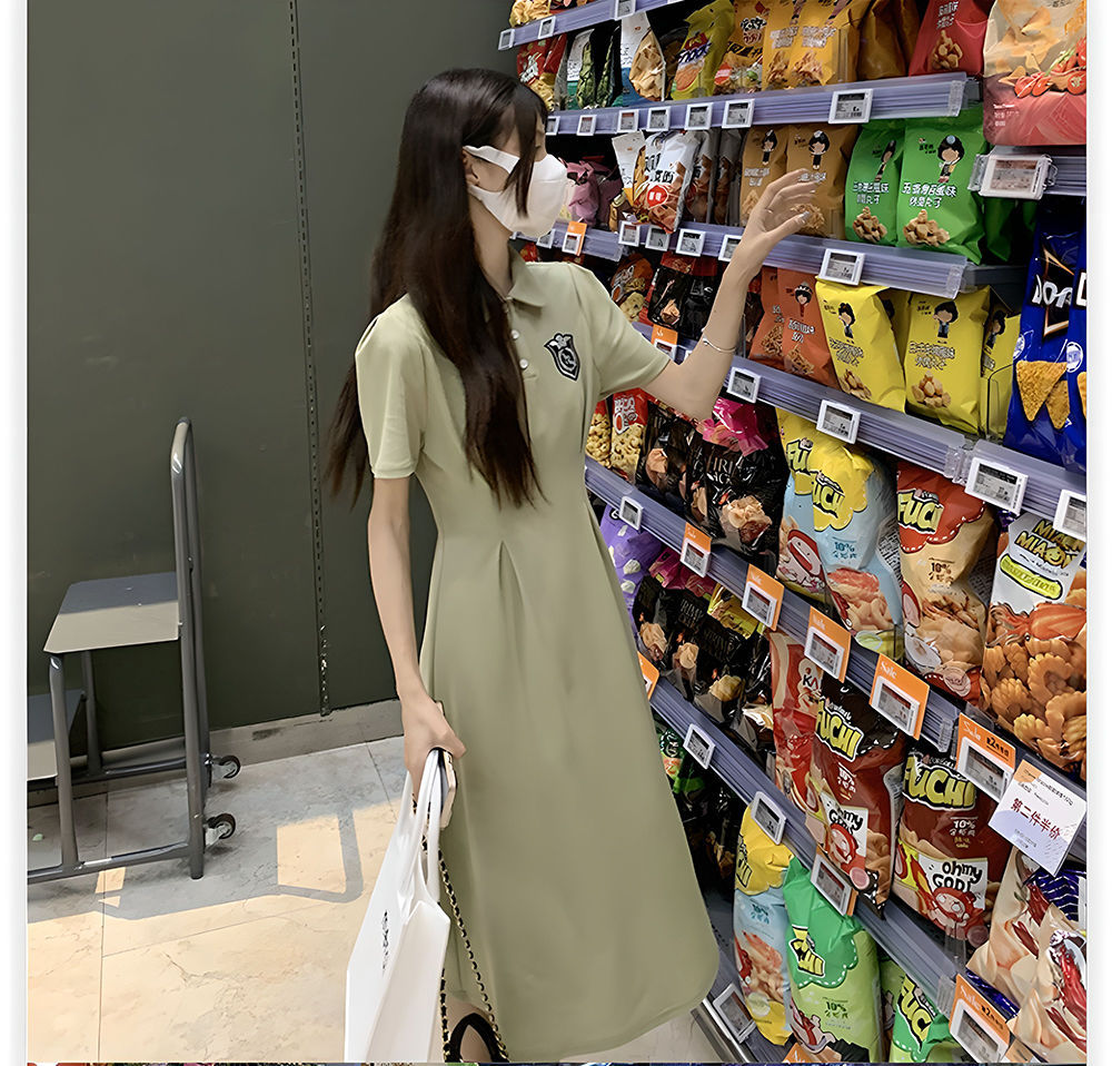 夏季POLO领短袖连衣裙女收腰显瘦过膝长裙学院风中长款休闲A字裙详情14