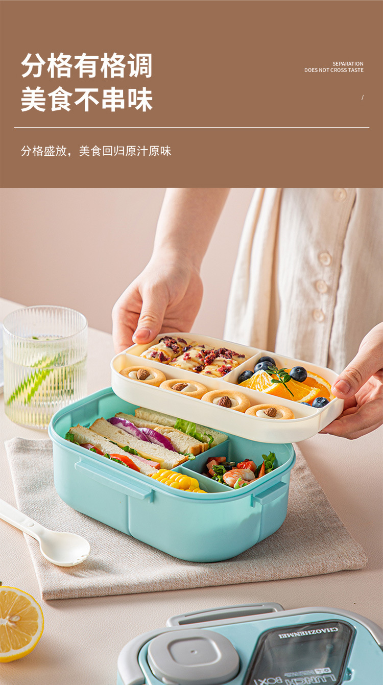 Caja de almuerzo transfronteriza de dos capas con asas caja de almuerzo de plástico dividida para estudiantes de oficina gran capacidad caja de almuerzo microondas pic 5