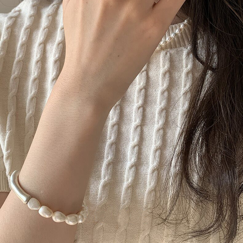 Natural Baroque freshwater pearl bracelet S925 sterling silver curved tube elastic bracelet, design sense, niche bracelet for women pic 6