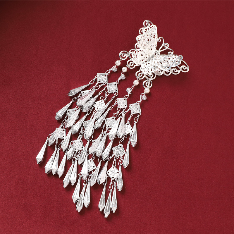Miao ethnic style headwear, hair clips, retro Miao silver tassels, foot swaying, Hanfu, ancient style, Warring States period robe, side hair clips for women pic 15