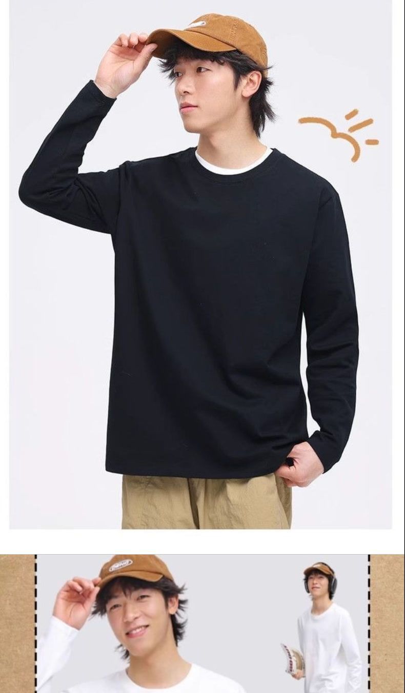 100% pure cotton long-sleeved men wear a simple and loose ins Harajuku style base layer, a student Korean-style top and a white T-shirt pic 4