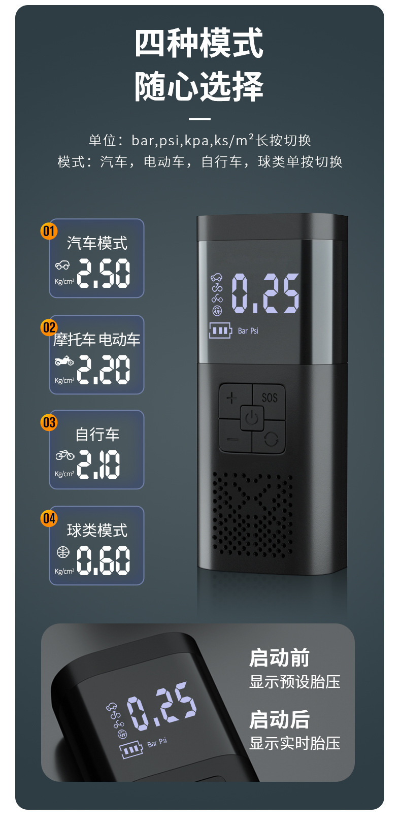 车载无线智能充气泵数显便携式多功能打气泵汽车打气筒自行车补气详情32