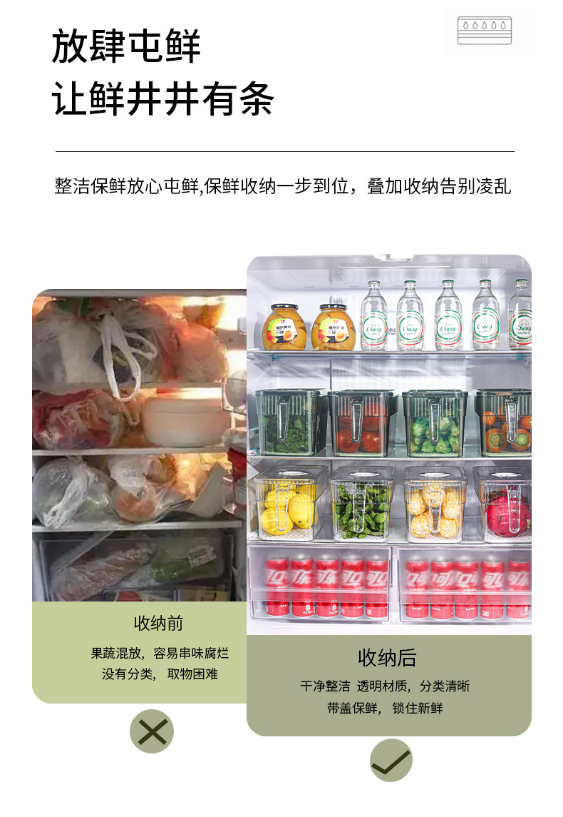 冰箱收纳盒带手柄食品级冰箱计时保鲜盒pet冰箱蔬菜收纳盒分隔详情3