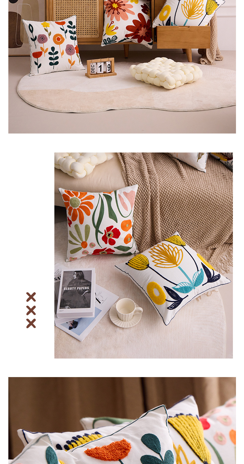 新款跨境花卉毛巾刺绣抱枕套床头靠垫沙发车客厅靠枕靠背腰可含芯详情8