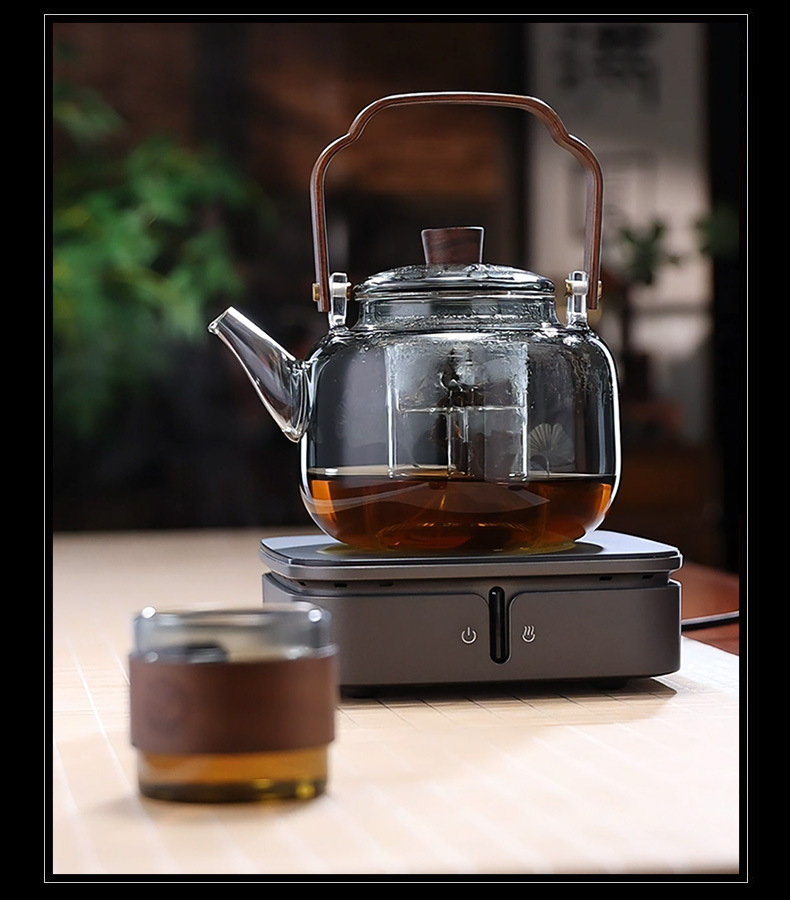 围炉煮茶壶提梁壶高硼硅玻璃茶壶胡桃木把煮茶壶双胆蒸煮一体茶壶详情10