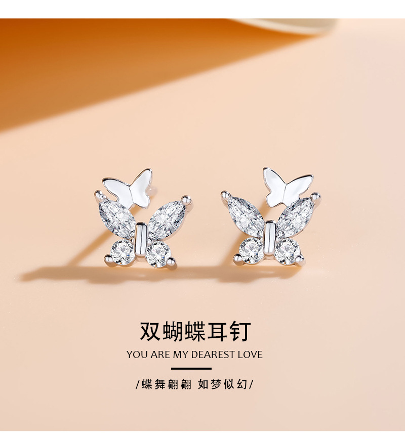 S999纯银立体蝴蝶图案女ins高级感气质简约耳钉少女心耳饰批发详情3