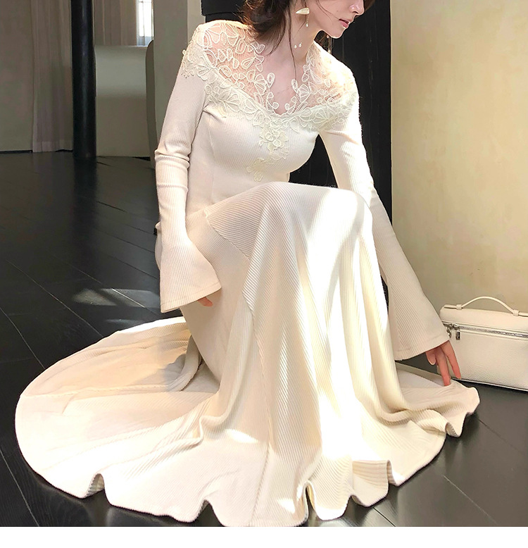 【不知雪】温柔氛围感蕾丝v领针织连衣裙腰显瘦a摆长裙详情19