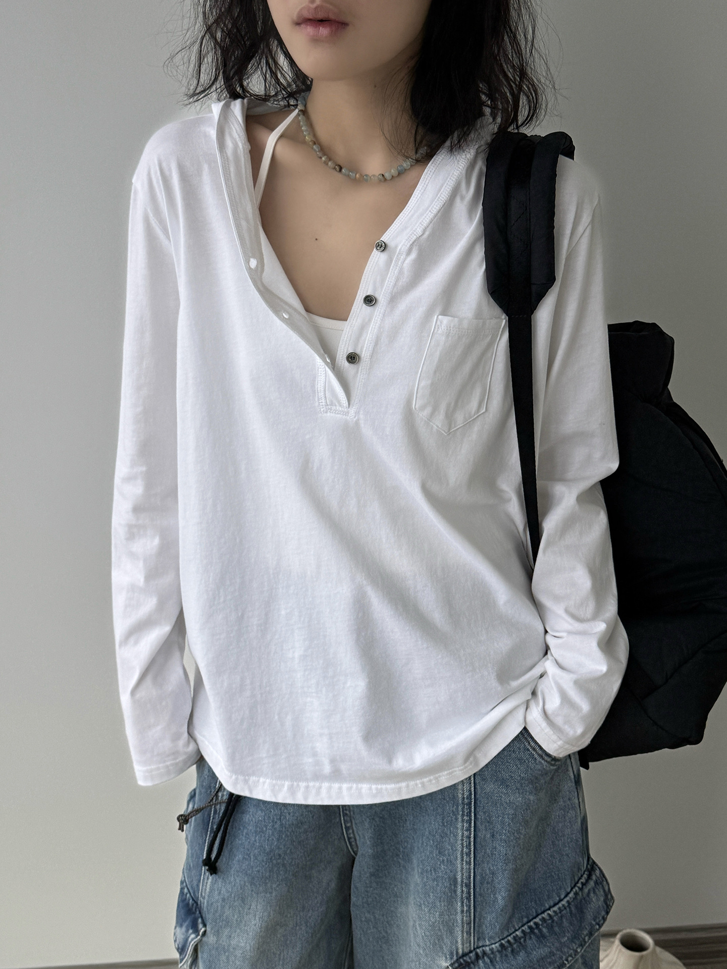 Spring and Summer new hooded Henry collar small pocket T-shirt, loose long-sleeved, laid-back top for women pic 8