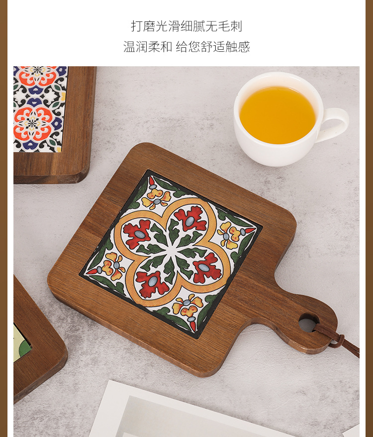 Heat insulation pad, retro solid wood flower tile, handle pot pad, wooden heat-resistant plate and cup pad, household clay pot and soup pot heat insulation wooden pad pic 13