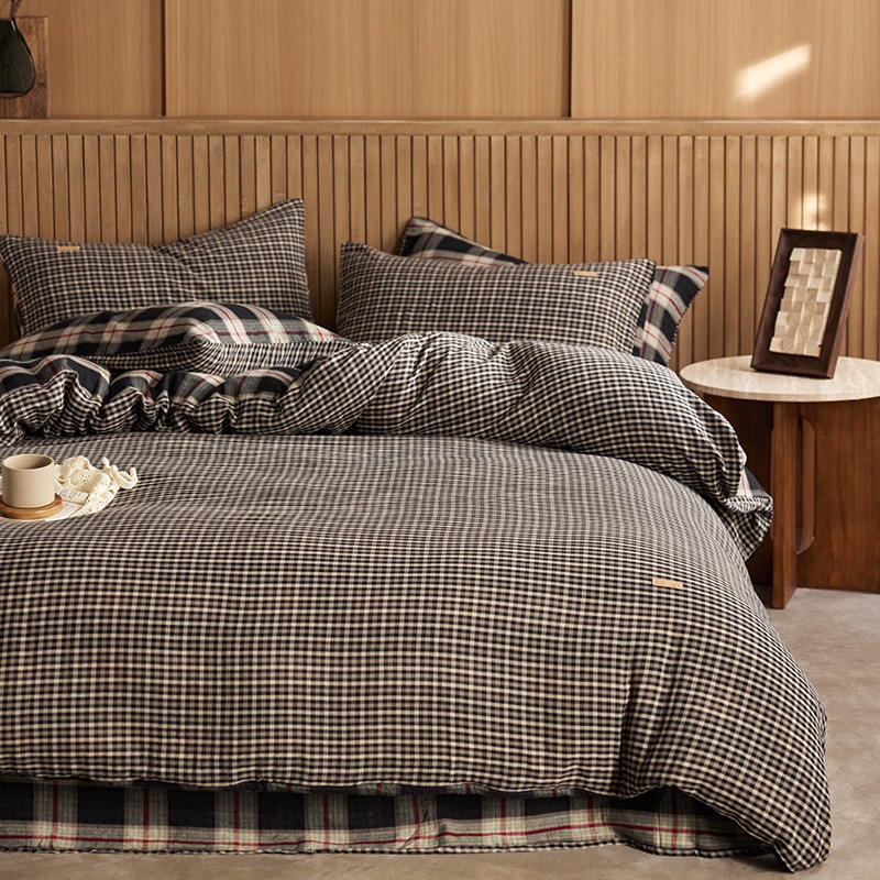 All-cotton Class A double-layer yarn four-piece set, double-layer yarn quilt cover and bed sheet four-piece set, pure cotton double-layer yarn checkered four-piece set pic 13