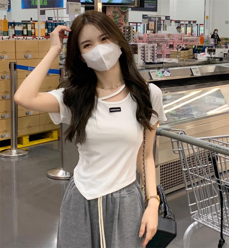 不规则设计感短袖T恤女夏季韩版2023新款辣妹风欲白色打底上衣详情18