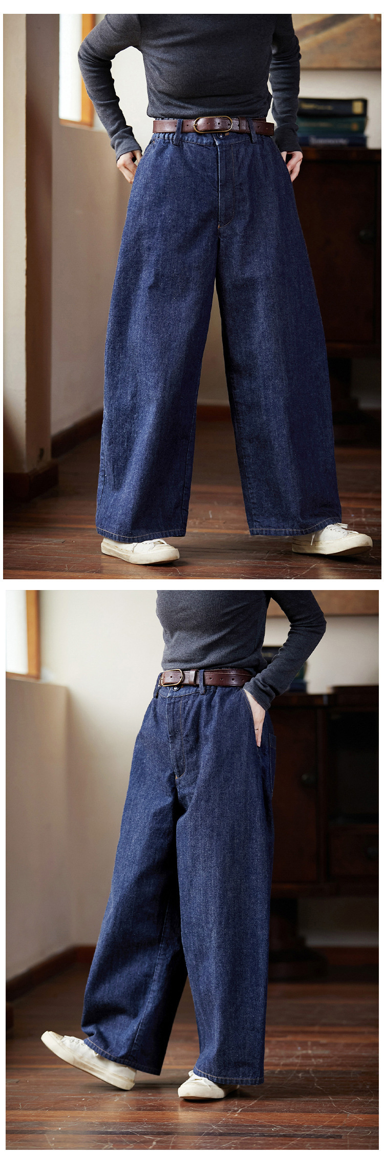 春秋款藏海蓝经典文艺复古耐磨阔腿半松紧牛仔裤长裤休闲挺括女裤详情14