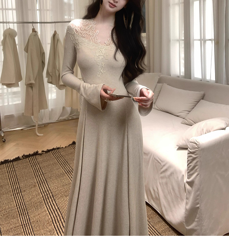 【不知雪】温柔氛围感蕾丝v领针织连衣裙腰显瘦a摆长裙详情17