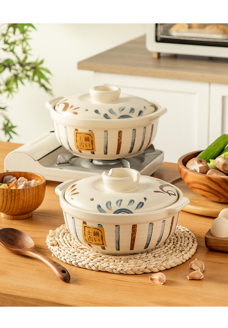 Japanese-style hand-painted soup pot with spodumene high-temperature resistant stew pot, dry-burning without cracking 煲仔饭 ceramic soup pot with lid, high-temperature resistant pic 8