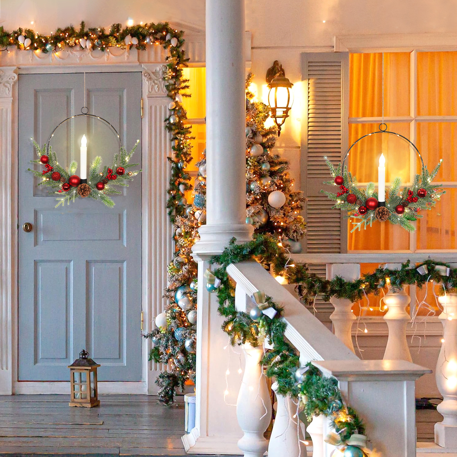 跨境圣诞节烛台花环仿真松针带松果门挂墙饰家居节庆气氛布置壁挂详情4