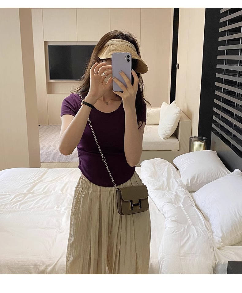 辣妹正肩紧身短袖T恤女 2025夏季新款直播显身材 茶艺风格低领紫色上衣 女式T恤青春时尚潮流详情12