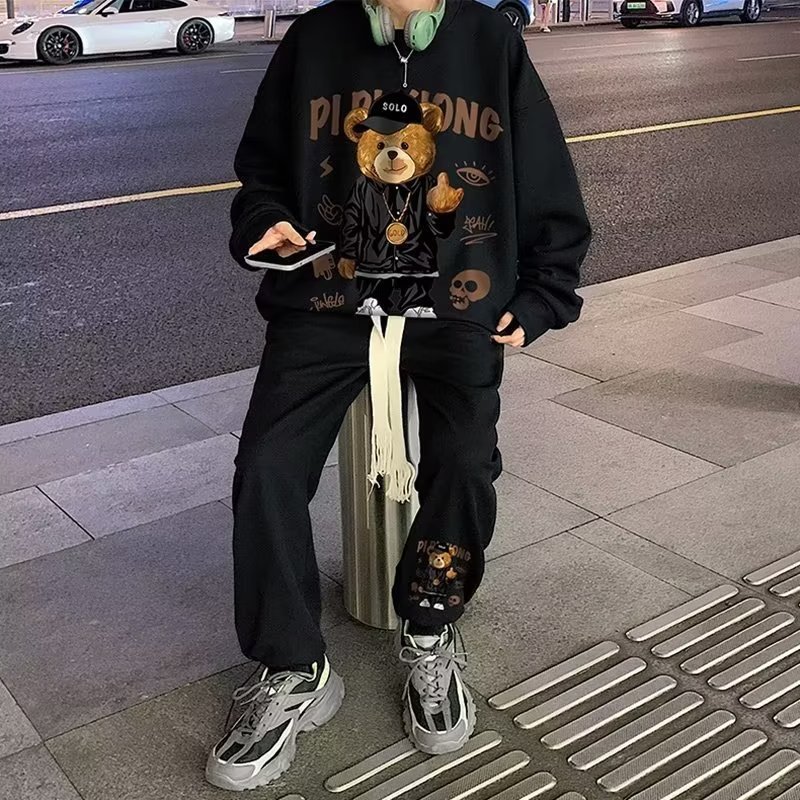 华夫格套装男春秋季休闲宽松大码运动裤子ins潮流卫衣卫裤两件套详情6