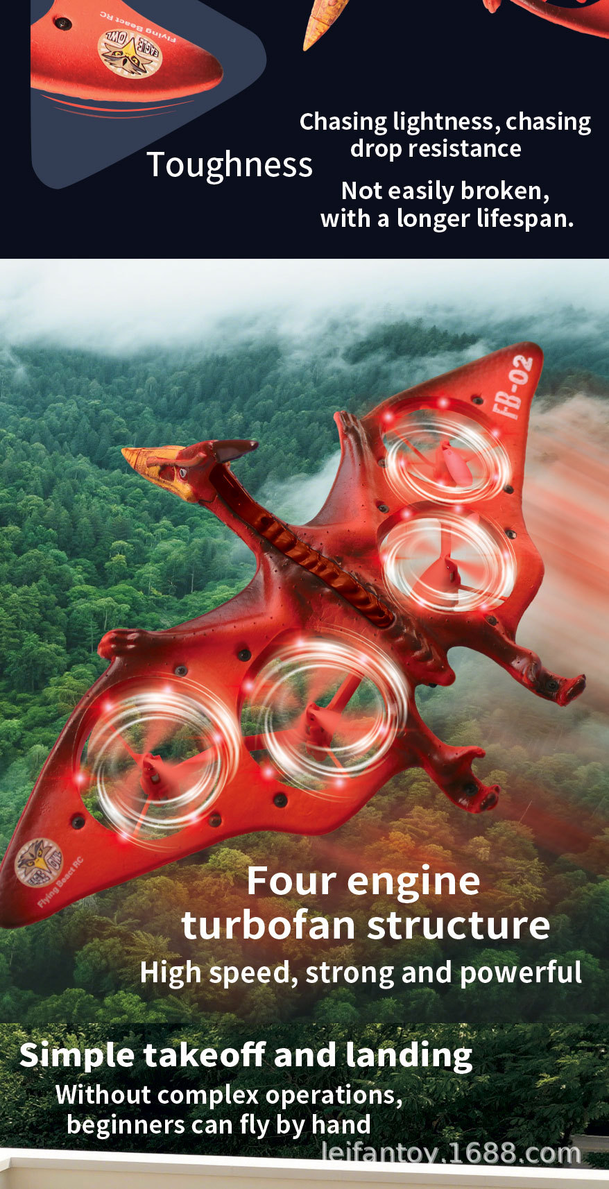Cross-border foreign trade remote control aircraft, wing Loong fighter jet, dinosaur simulation, cool lights, quadcopter toy pic 3