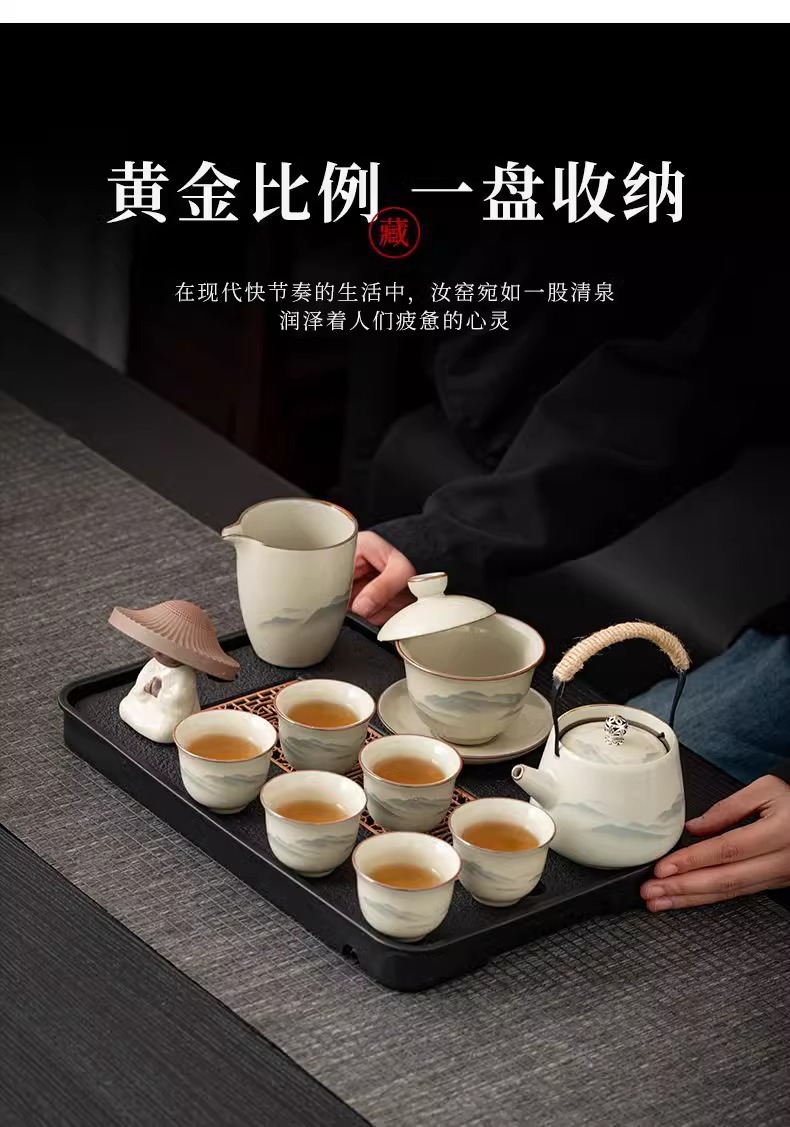 Ru Kiln Gongfu tea set, home living room ceramic tea pot, lid, bowl and tea cup complete set, office high-end tea brewing utensils pic 6