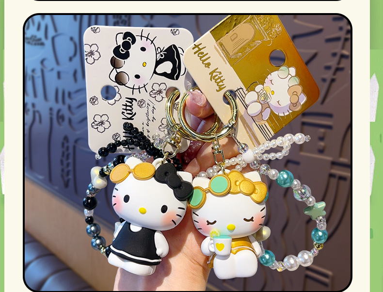 Authentic Sanrio Leisure Vacation Hello Kitty figurine keychain, cartoon creative beaded chain, couple bag pendant pic 15
