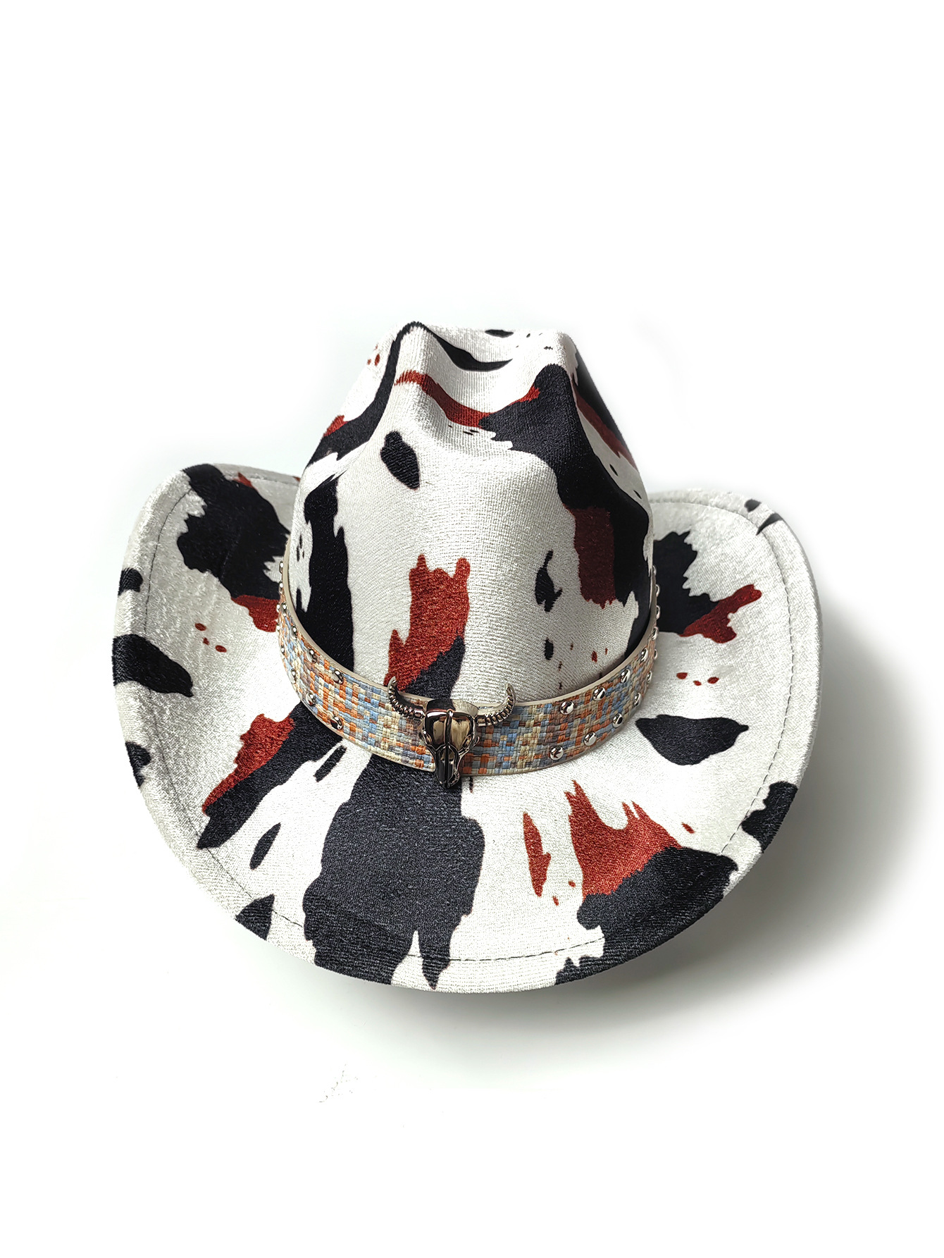A cow-patterned jazz top hat, a Western cowboy hat with a bull head belt for men and women, European and American ethnic style, Tibetan style pic 2