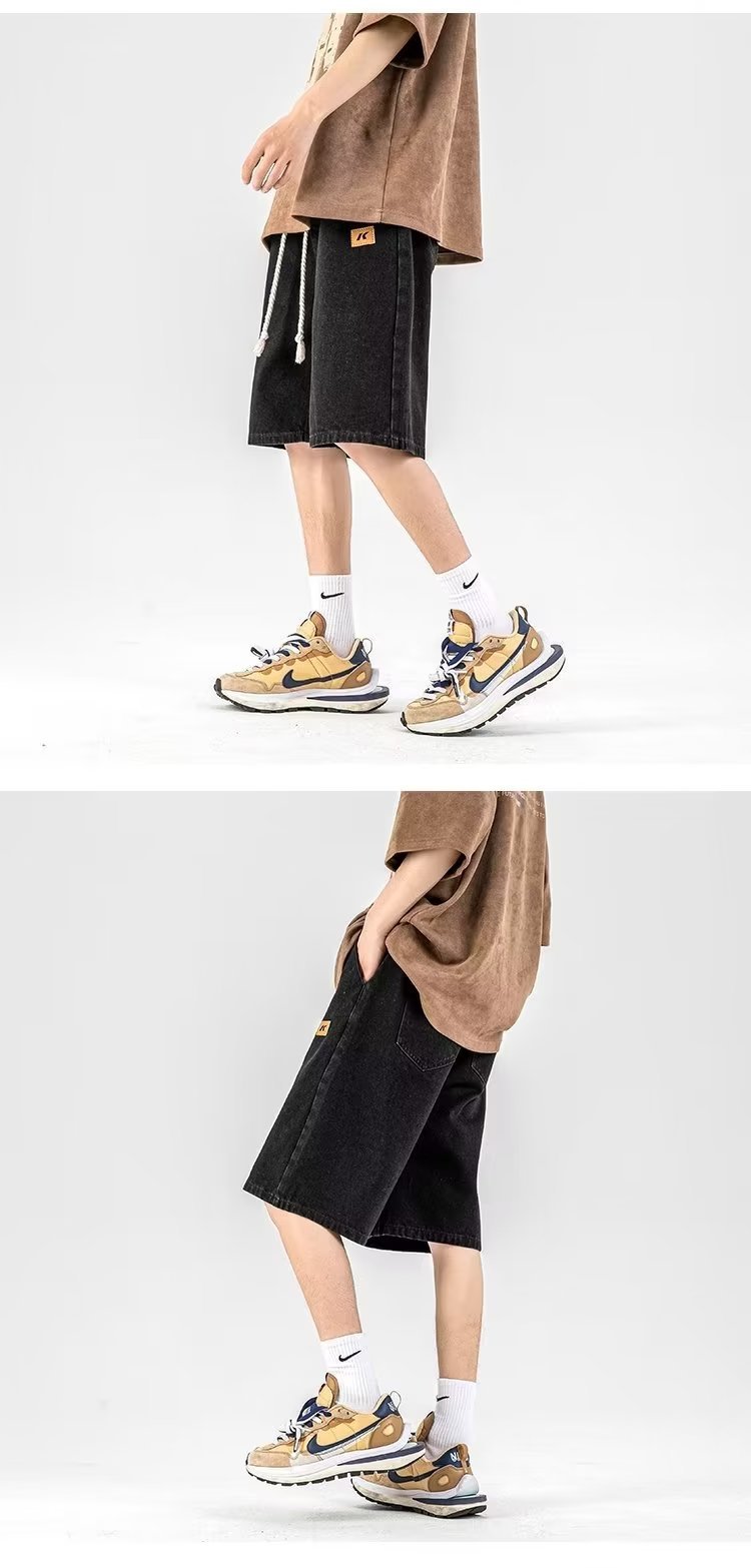 FUIV 夏季港风大码贴标牛仔裤短裤嘻哈ins潮男外贸宽松情侣五分裤 pic 15