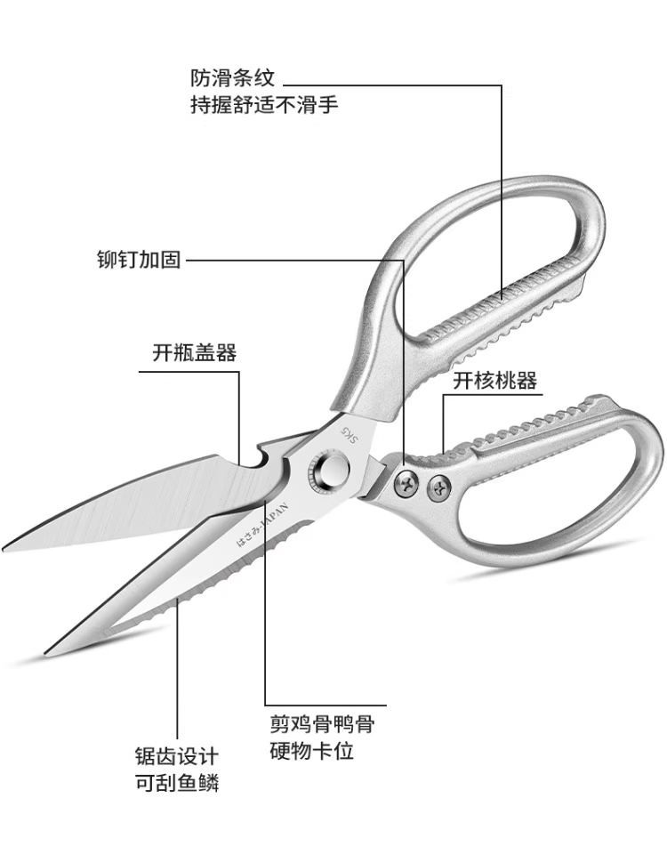 厨房剪刀大全鸡骨剪不锈钢家用剪刀防滑手柄锋利多功能杀鱼剪子详情6