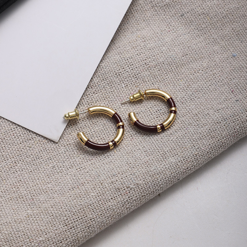 C形珐琅圈圈拼接耳环女法式轻奢小众设计感复古气质银针撞色耳圈详情9