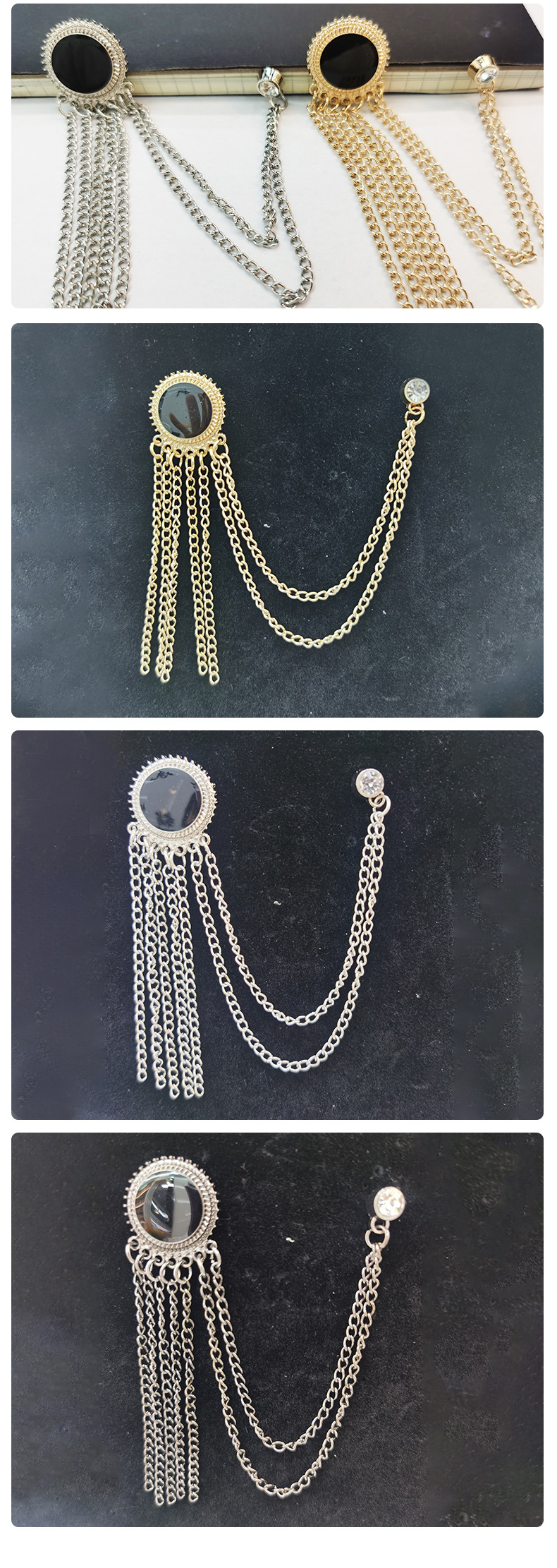 复古学院风海军风流苏西装胸针ins风黑宝石链条服饰别针配饰批发详情7