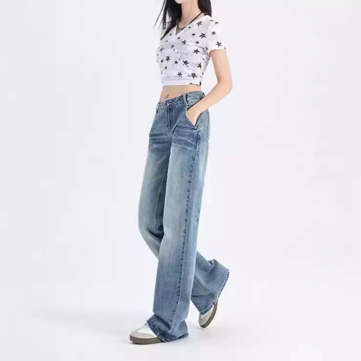 美式复古蓝微喇牛仔裤女高街低腰裂纹宽松垂感百搭直筒喇叭长裤子详情5