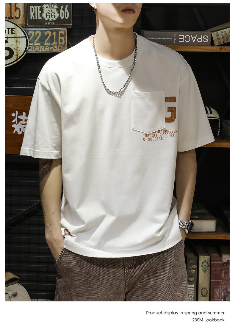 Verano nuevo pound manga corta camiseta hombre holgado tallas grandes marca de moda versátil cuello redondo medio puño bolsa decorativa cuerpo pic 16
