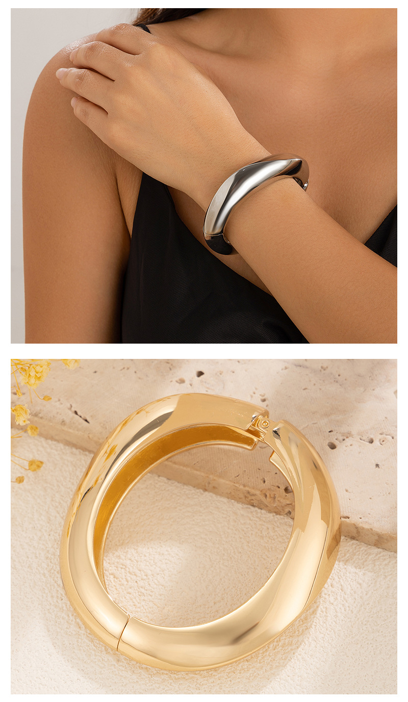 欧美跨境饰品镯子夸张合金光面开口手镯小众高级感时尚简约银手镯详情7