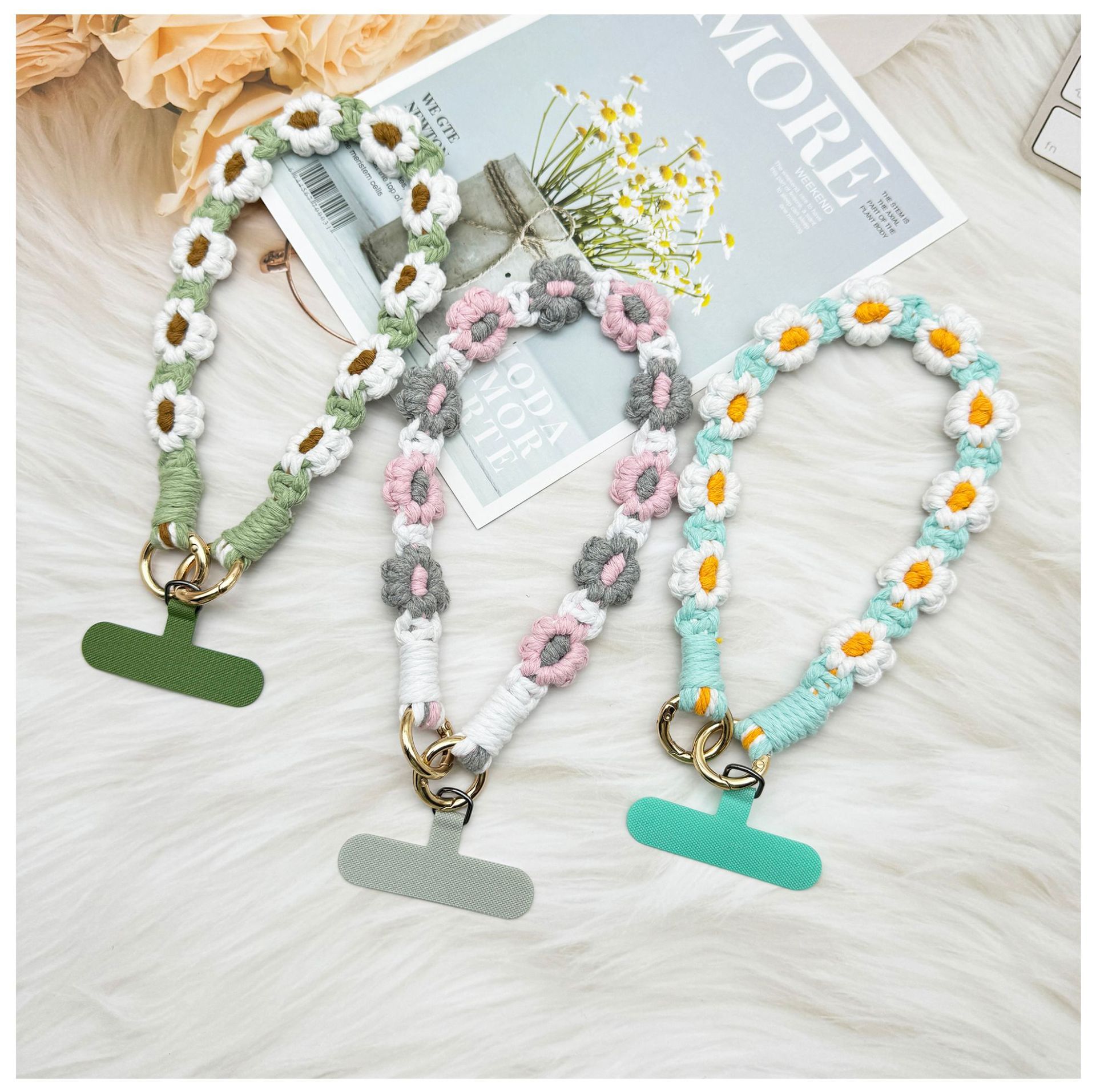 ins欧式手机挂件编织手机链小雏菊花朵编绳钥匙扣包包创意礼物女详情3