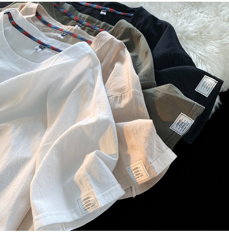 Linen short-sleeved T-shirt for men, a new summer trend. Cotton and linen half-sleeved loose solid color base layer, a trendy T-shirt top pic 17