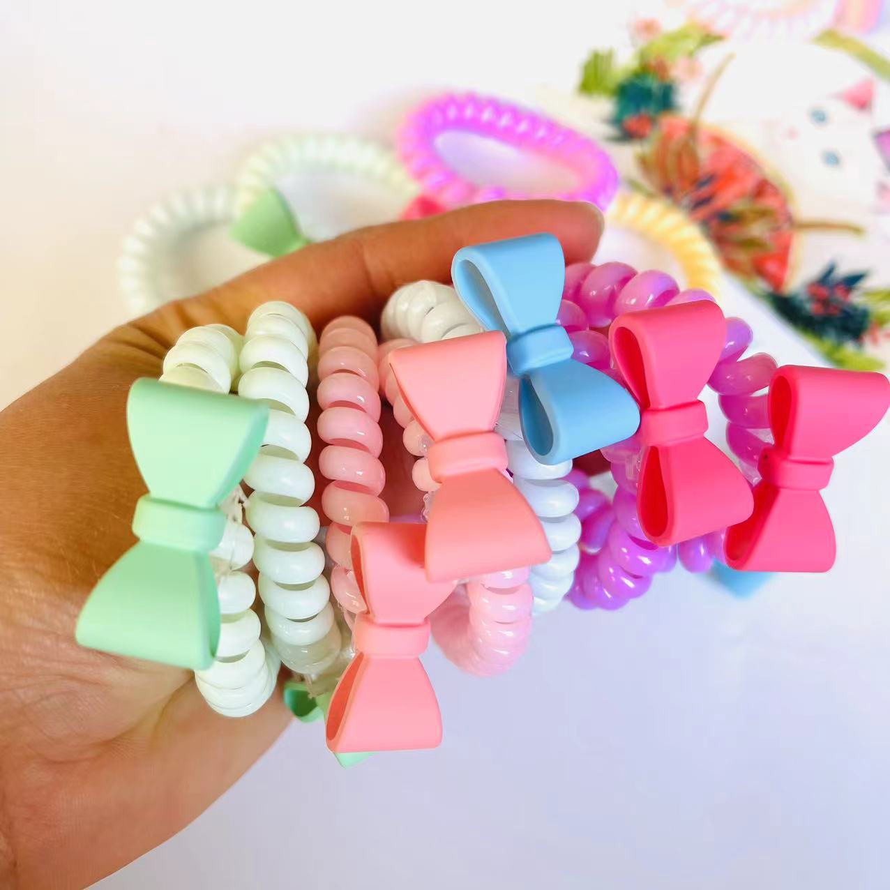 【1-9 Zones 】 Bow phone ring 100/ pack 5000/ box Spring candy-colored bow phone line hair tie Hair ring does not damage hair, good elasticity 1 yuan 2 yuan pic 6